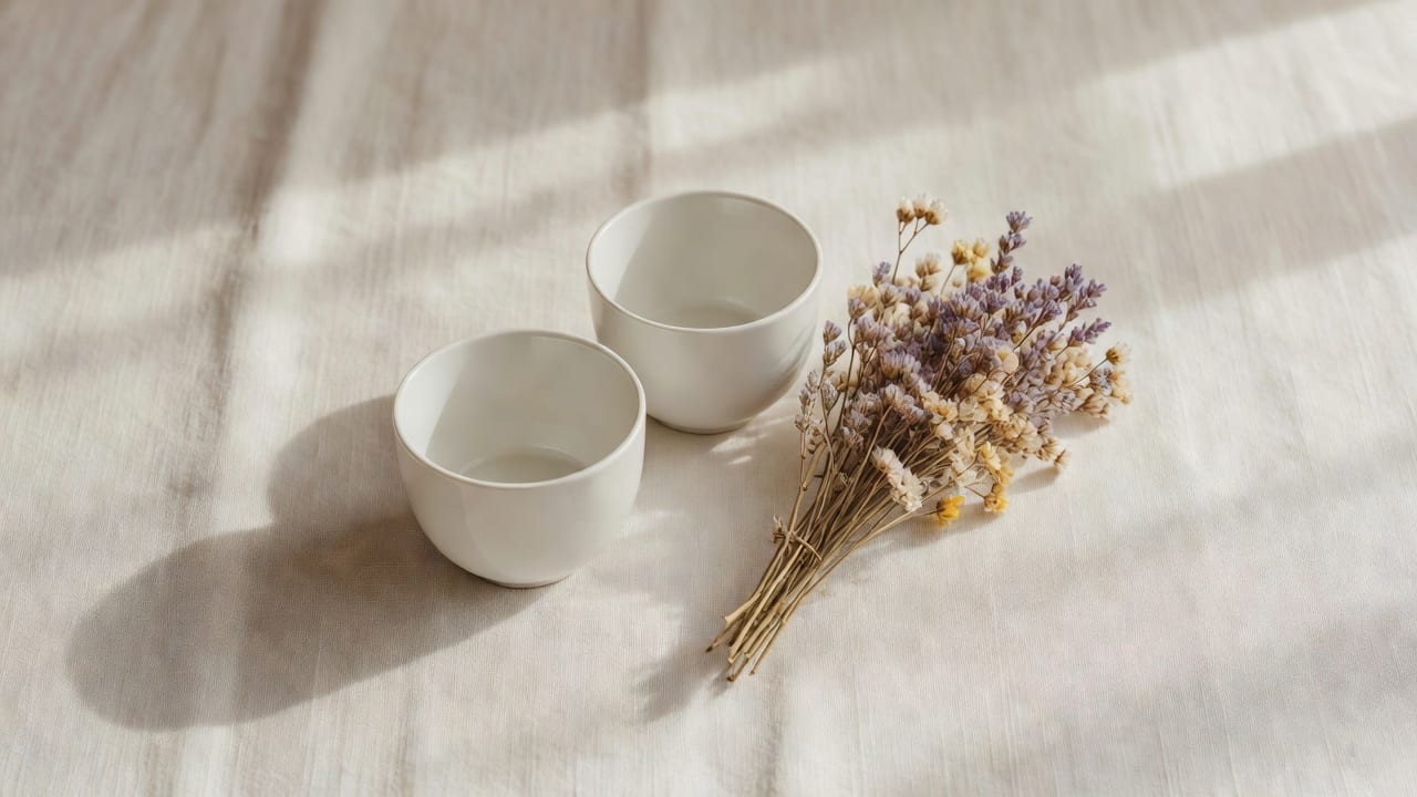 밝은 자연광 아래 오프화이트 린넨 위에 나란히 놓인 흰 찻잔 두 개와 작은 말린 들꽃 묶음 — 두 사람의 기운을 차분하고 따뜻하게 담은 에디토리얼 정물 이미지