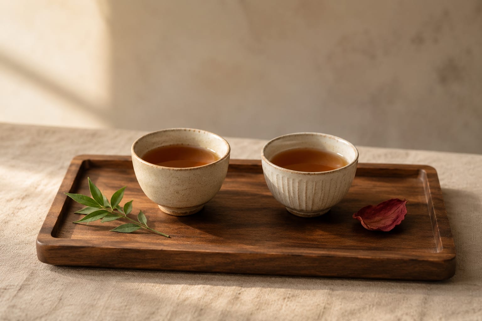 나무 쟁반 위에 마주 놓인 두 찻잔과 자연 소재 소품 — 두 사람의 기운이 만나는 궁합 주제 감성 이미지