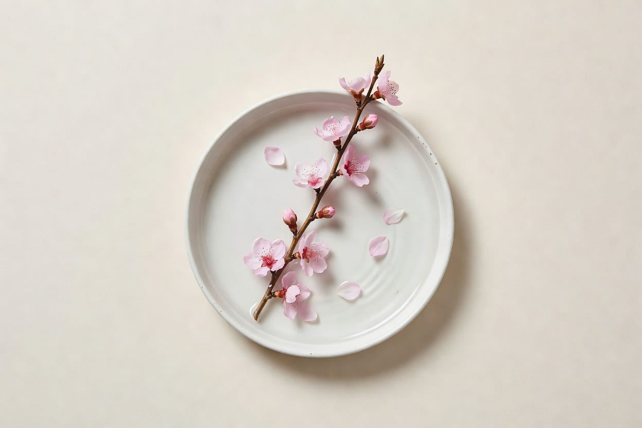 밝은 자연광 아래 오프화이트 배경에 분홍빛 복숭아꽃 가지 한 줄기가 얕은 도자기 접시에 담긴 물 위에 놓인 차분한 에디토리얼 정물 — 도화살이 이름을 빌린 복숭아꽃(桃花)의 부드러운 아름다움을 담은 이미지