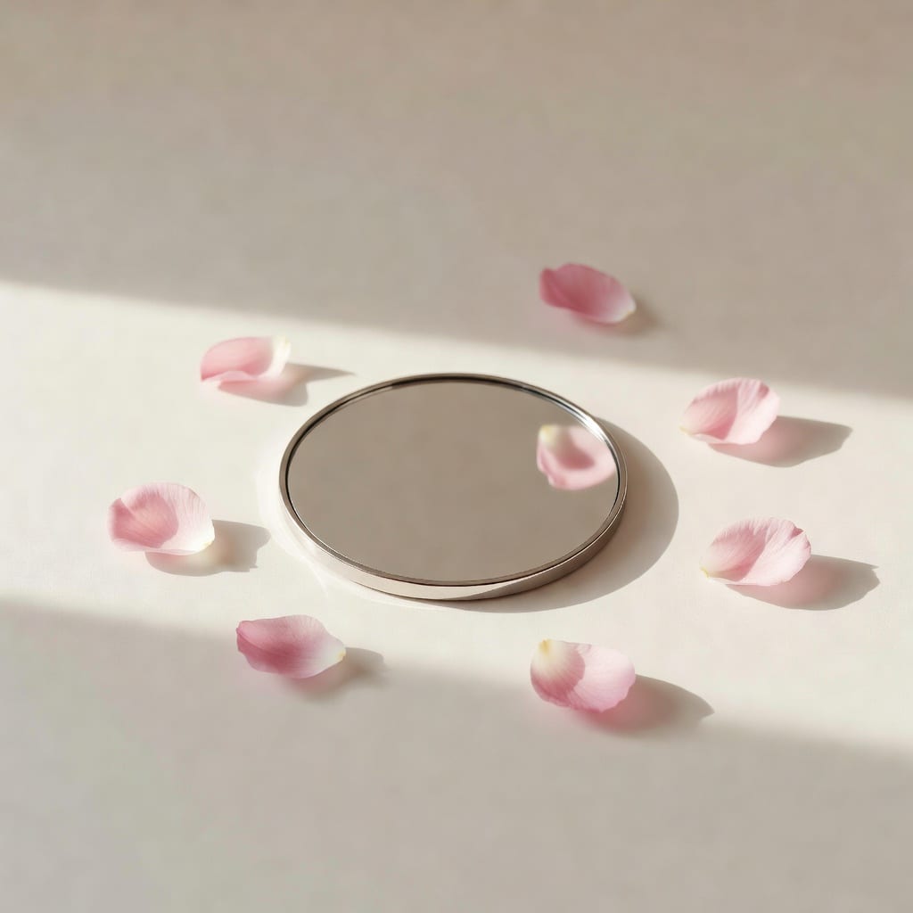 밝은 자연광 아래 크림색 테이블 위에 작은 거울 하나와 분홍 꽃잎 몇 장이 미니멀하게 배치된 에디토리얼 정물 — 도화살이 상징하는 매력과 인기의 기운을 현대적으로 담은 차분한 이미지
