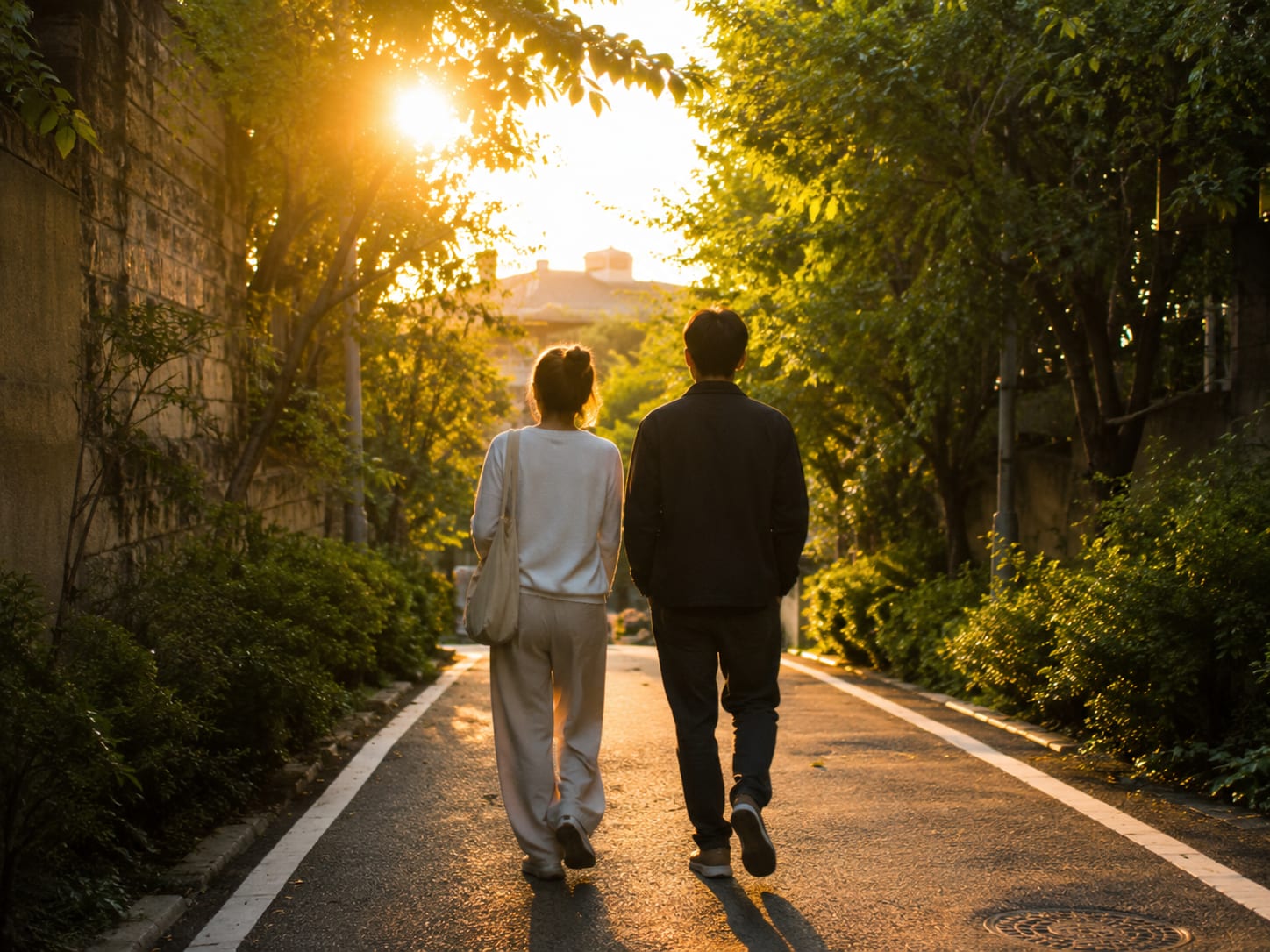 따뜻한 오후 햇살 아래 골목을 나란히 걸어가는 두 사람의 뒷모습 — 차분하고 포근한 에디토리얼 이미지