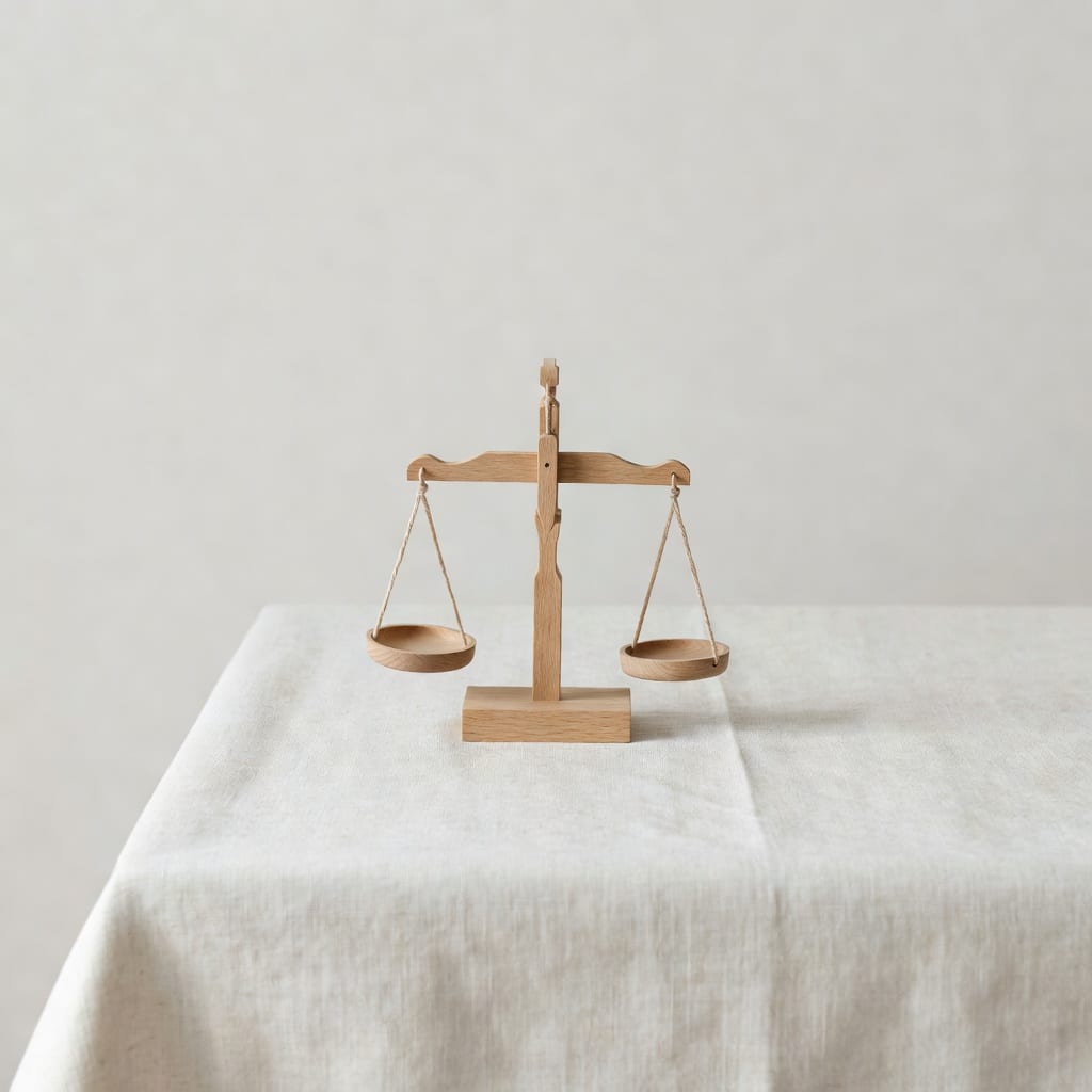 밝은 자연광 아래 오프화이트 배경에 작은 천칭 저울 모형 하나가 린넨 위에 놓인 미니멀 에디토리얼 정물 — 사주에서 강약 균형을 상징하는 차분한 이미지