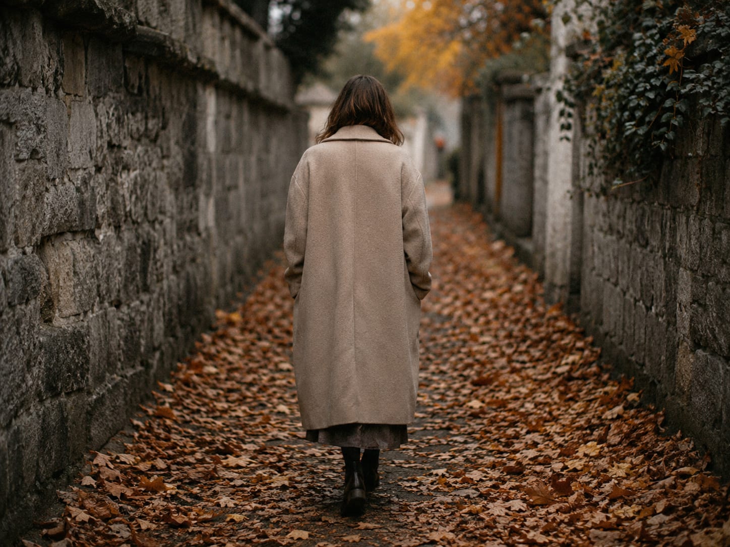 가을 낙엽이 깔린 골목길 위를 홀로 걸어가는 뒷모습 — 이별 후 자기 자신을 돌아보는 시간을 상징하는 차분하고 정제된 감성 이미지