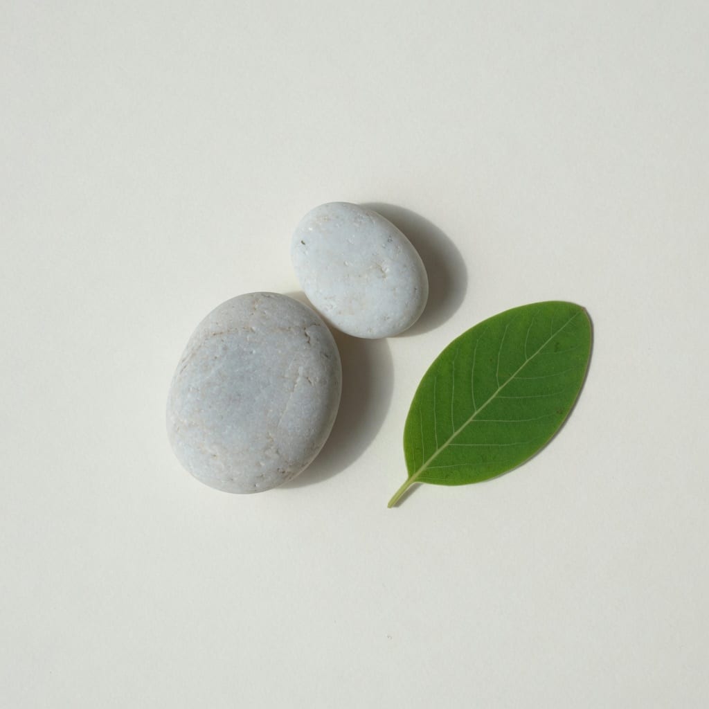 오프화이트 배경에 작은 단단한 조약돌 두 개와 여린 녹색 잎 한 장이 나란히 놓인 미니멀 에디토리얼 정물 이미지 — 집중과 고요를 담은 정방형 구도