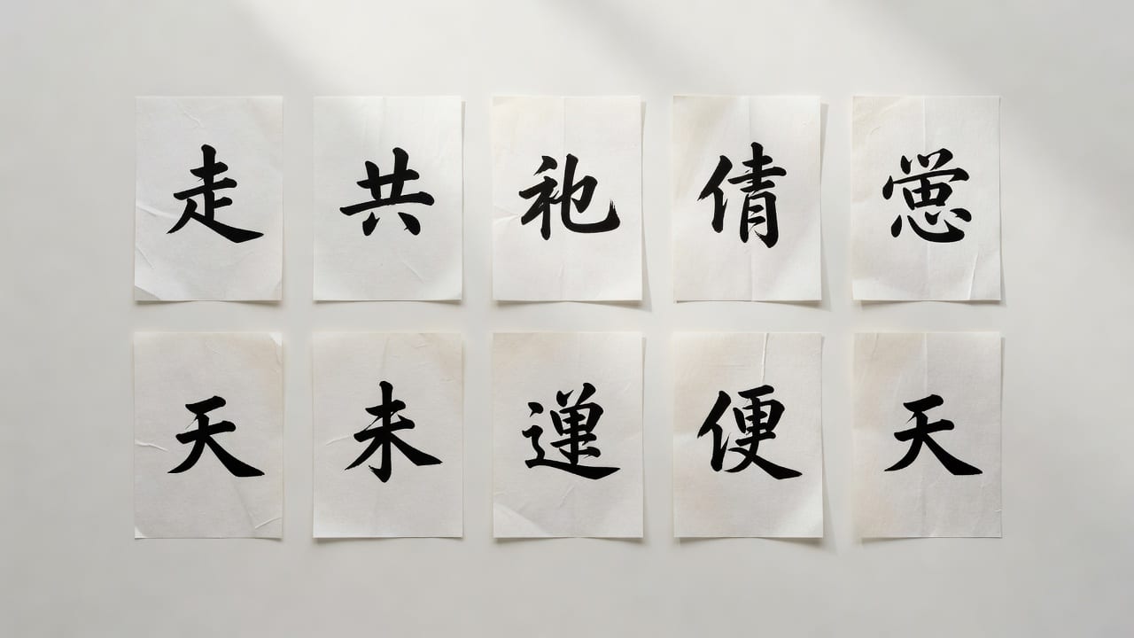밝은 자연광 아래 오프화이트 한지 위에 붓으로 쓴 열 개의 작은 한자 카드가 두 줄로 가지런히 배열된 미니멀 에디토리얼 정물 — 십성의 열 가지 기운을 차분하게 담은 이미지