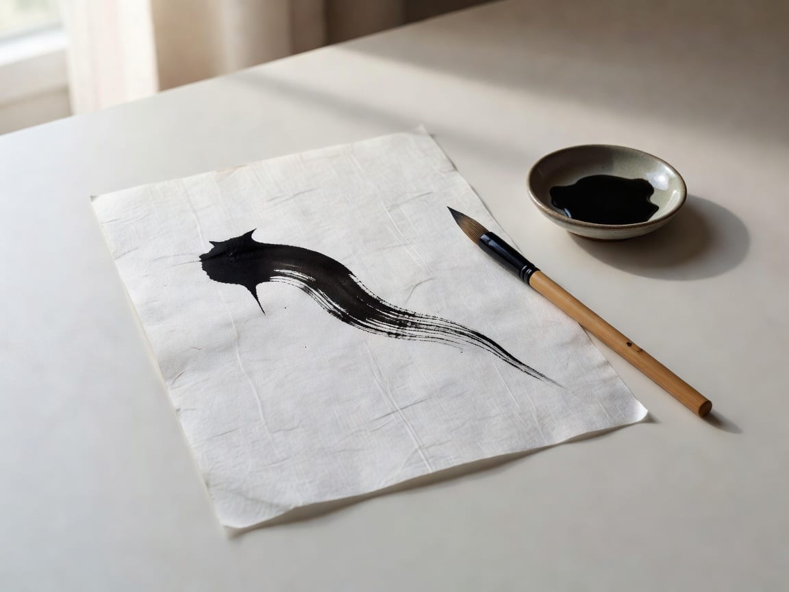 밝은 자연광 아래 오프화이트 배경에 작은 붓과 붓으로 그린 단순한 선 하나, 작은 먹 접시가 놓인 에디토리얼 정물 — 식상의 표현·창의·생산 기운을 차분하게 담은 이미지