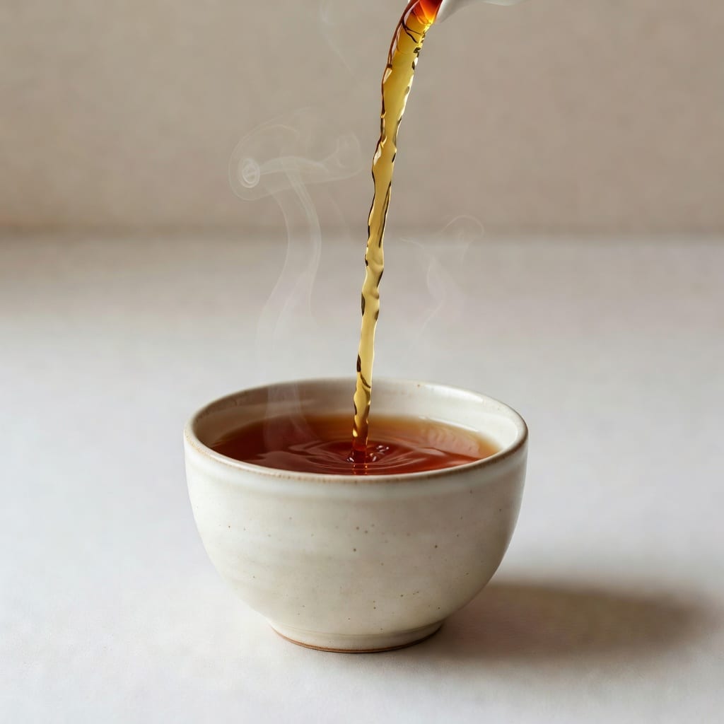 밝은 자연광 아래 오프화이트 배경에 작은 찻잔에 차가 조용히 따라지는 순간을 포착한 에디토리얼 정물 — 흐름과 조화의 기운을 차분하게 담은 이미지