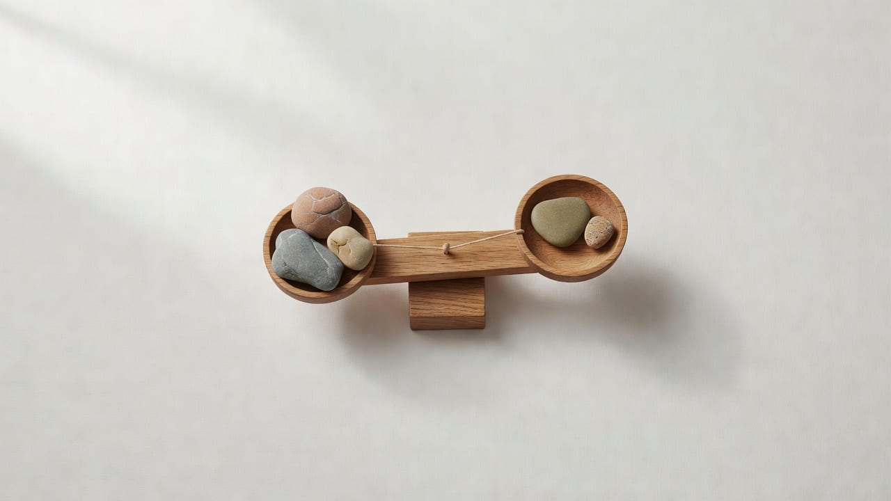 밝은 자연광 아래 오프화이트 배경에 작은 돌멩이 다섯 개가 천칭 저울 양쪽에 균형 있게 배치된 미니멀 에디토리얼 정물 — 오행의 균형과 보완의 기운을 차분하게 담은 이미지