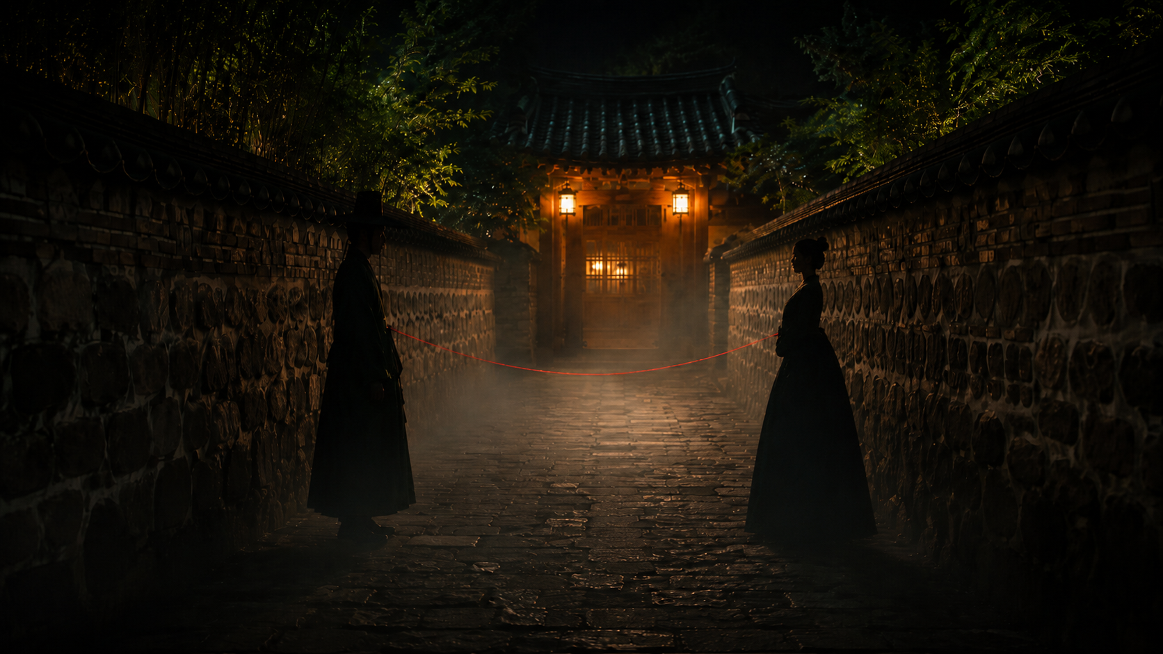 밤 골목에서 붉은 홍실로 이어진 두 사람